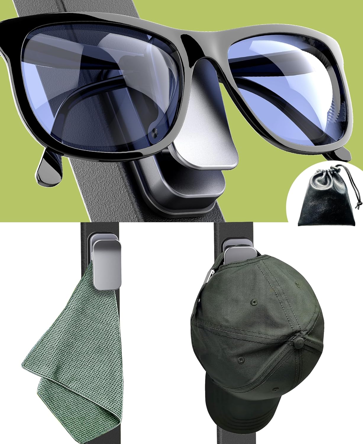 Sunglass Holder for Golf Cart, Magnetic Aluminium Sunglass Holder Clip Accessory for Golf Carts, Silicone Padded Eyeglass Clip Universal Fit with Gift Storage Bag