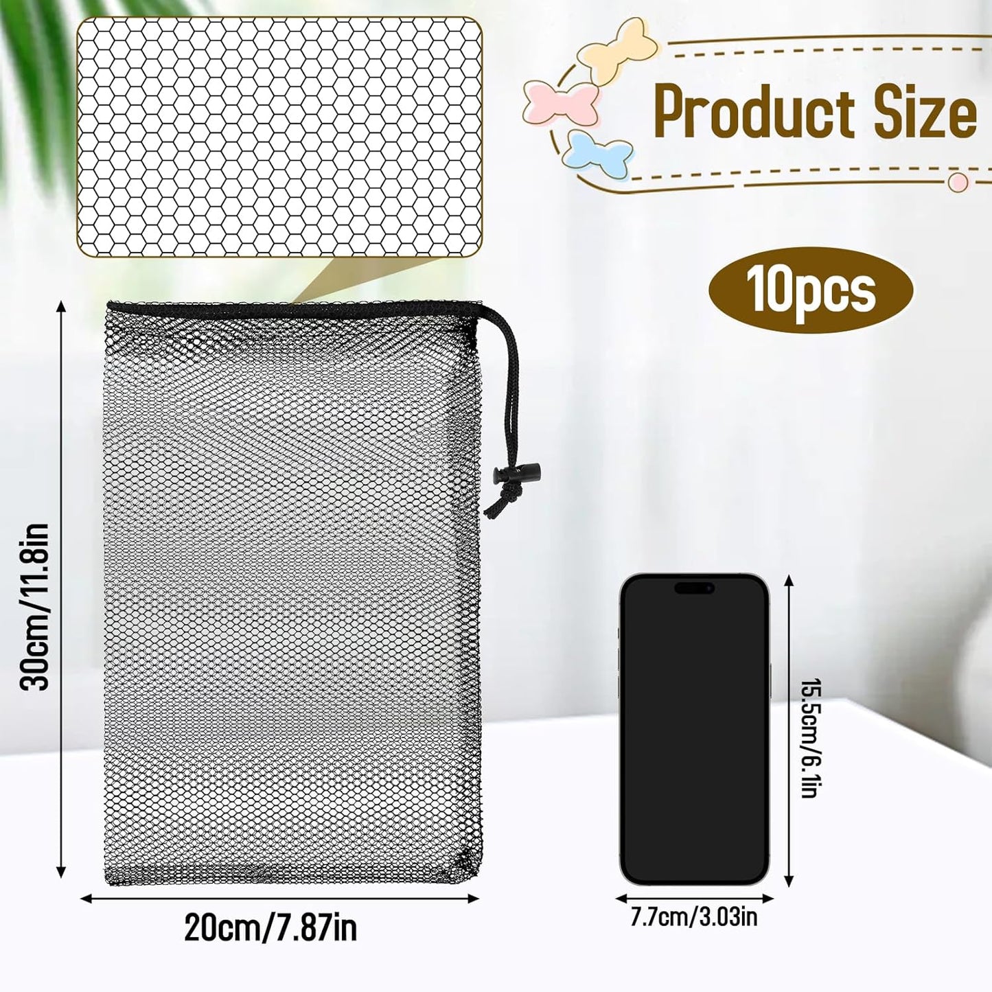 Sliverdew 10PCS Small Mesh Bags Drawstring Black Nylon Mesh Drawstring Bag Mini Mesh Pouch Bag Nylon Net Bags with Drawstrings Small Travel Stuff Bags Sacks 8 x 12 inch