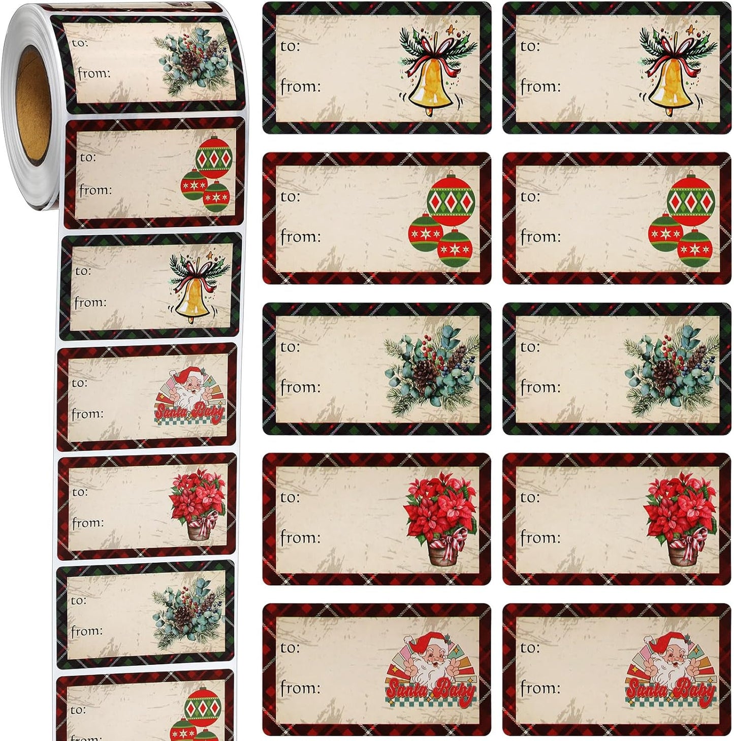 Outus 500 Pieces Christmas Tags Self Adhesive Gift Tags for Xmas Presents Christmas Name Labels Stickers for Wrapping Paper Festival Birthday Holiday Decor(Plaid Style,2.76 x 1.57 Inch)
