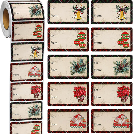 Outus 500 Pieces Christmas Tags Self Adhesive Gift Tags for Xmas Presents Christmas Name Labels Stickers for Wrapping Paper Festival Birthday Holiday Decor(Plaid Style,2.76 x 1.57 Inch)