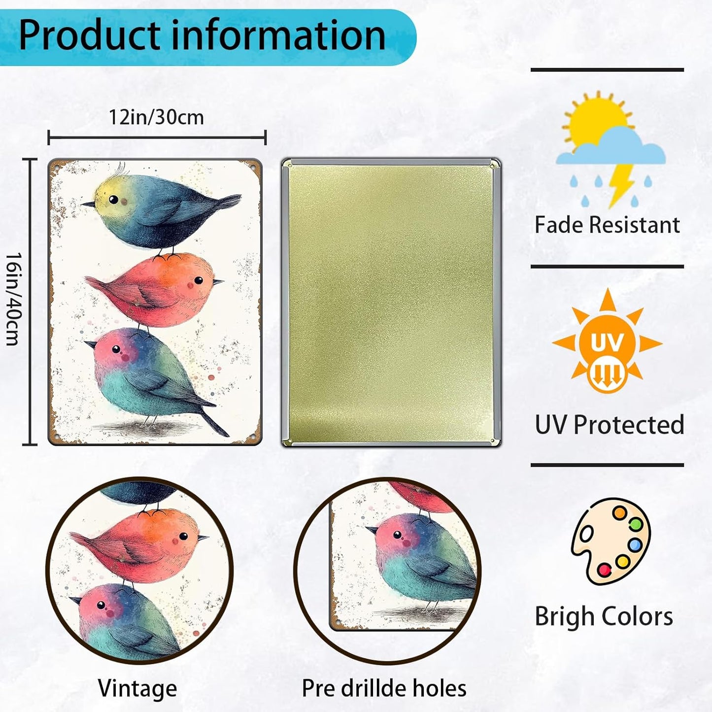 Vintage Tin Sign Watercolor Birds Wall Decor Nursery Birds Print Cute Wall Decoration Birds Nursery Animals Sign Poster Home Bar Plate Wall Decor Birds Metal Sign 12x16 Inch