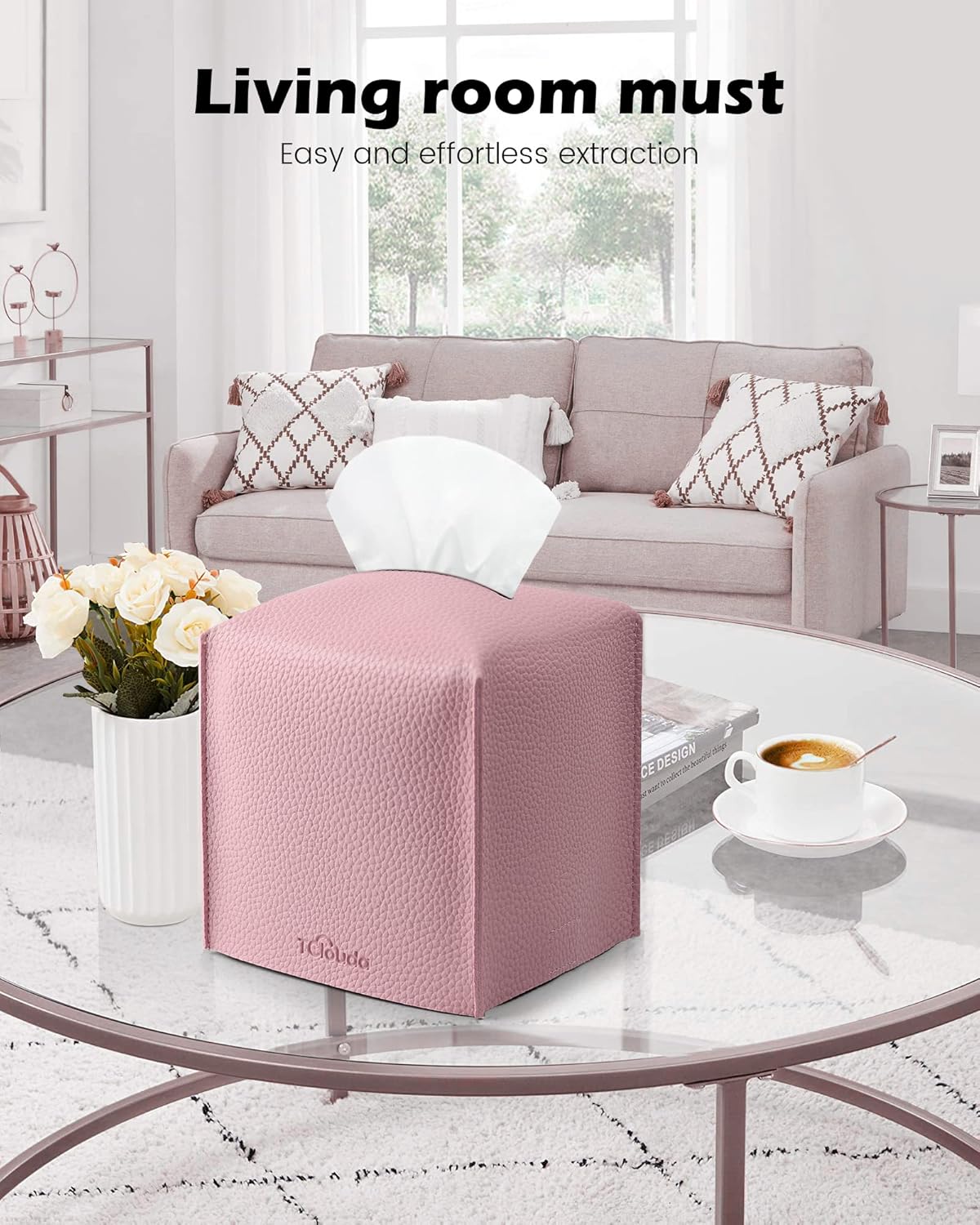 Tissue Box Cover for PU Leather, Modern Simple Solid Color Holder Square Tissue Bag, Ideal for Bathrooms,Office,Car,Nightstand,Outdoor Tent,Dining Table,5"X5"X5", Double Pink