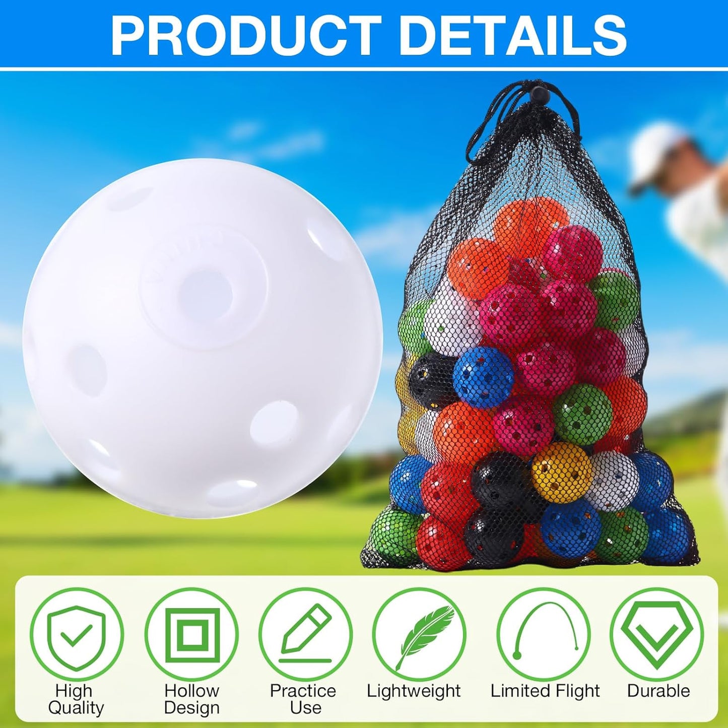 80 Pack Practice Golf Balls Limited Flight 42 mm Golf Training Airflow Hollow Plastic Ball for Women Men Indoor Outdoor Driving Range Swing Practice Home