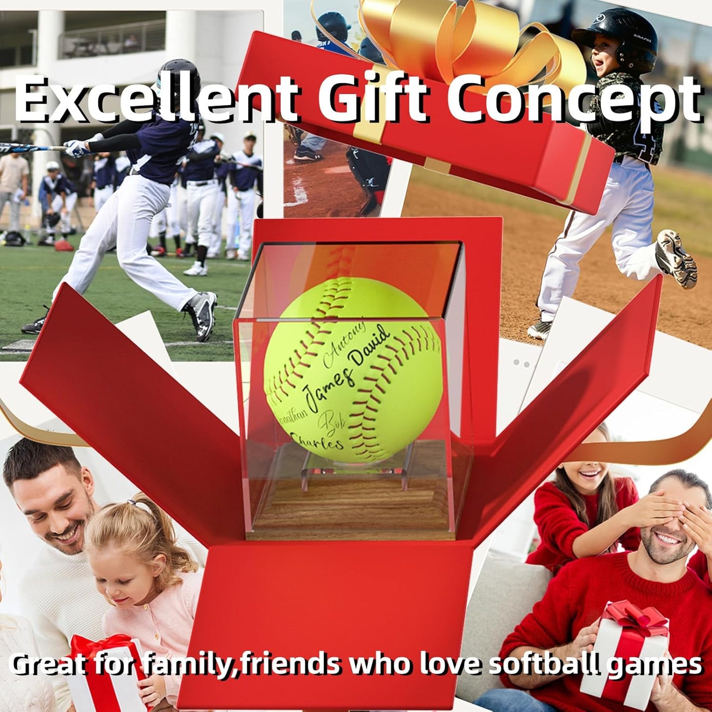 Softball Display Case Walnut Wood Base Acrylic Softball Case Display Softball Holder Stand Cube Memorabilia Showcase Autograph Ball Protector for Official Size Ball Display