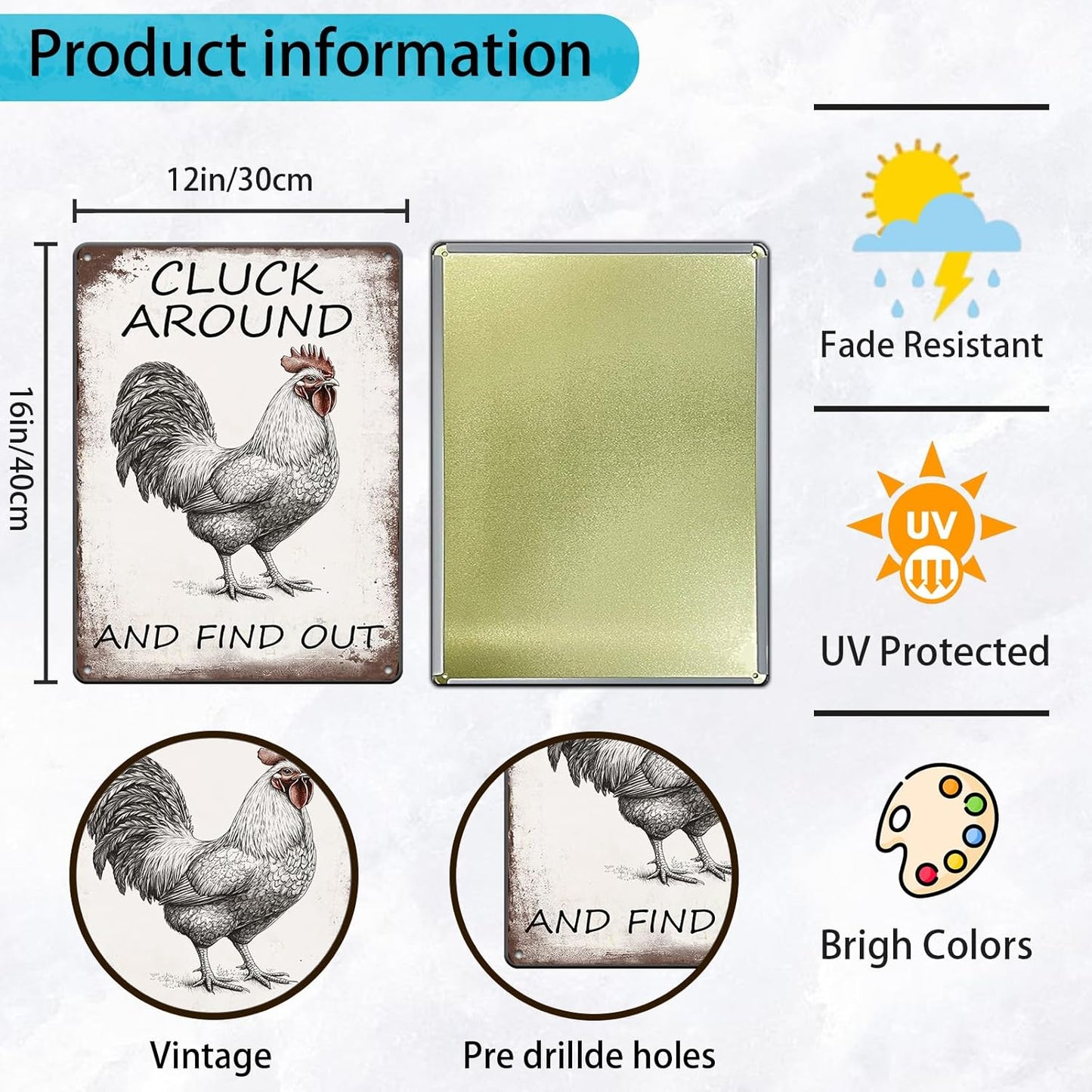 Vintage Tin Metal Aluminum Sign Chicken Cluck Around And Find Out Iron Painting Vintage Wall Decoration Poster For Home Garden Yard Garage Bar Shop 12x16 Inch