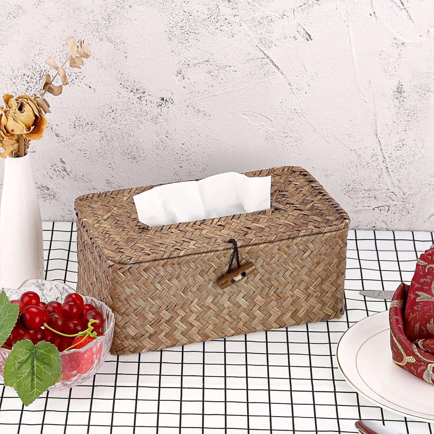 Sumnacon Tissue Box Cover Rectangle Tissue Box Seagrass Tissue Box Holder Woven Tissue Holder Decorative Tissue Cover for Bathroom Tissue Box Cover Rectangular for Home Office Table Coffee