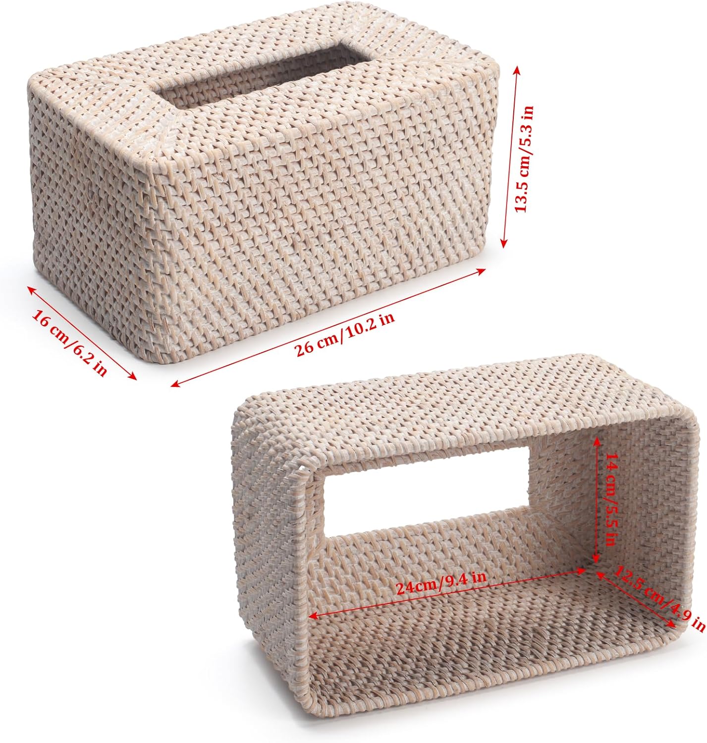 YANGQIHOME Rattan Tissue Box Cover, Rectangle Wicker Tissue Box Holder, Boho Facial Tissue Holder for Living Room, Bathroom, Kitchen, Bedroom, 10.2 x 6.2 x 5.3 inch, Whitewash