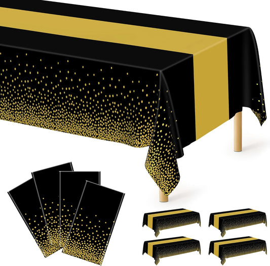 4Pack Black and Gold Tablecloths for Events, 54" x 108" Plastic Table Cloth Disposable for Rectangle Tables, Waterproof Table Cloth Cover for New Years Eve Decorations Holiday Birthday Wedding Dining