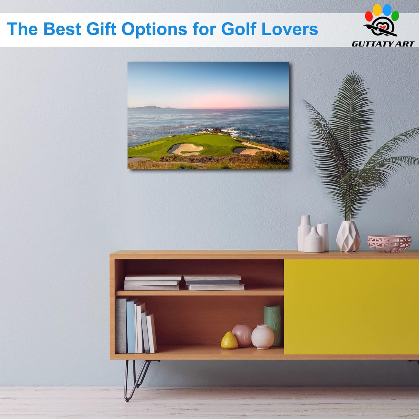 Golf Canvas Wall Art, Pebble Beach Golf Links Painting Prints for Living Room Wall Decor, Men's Sports Golf Course Poster Picture for Bedroom Decor, Framed Artwork for Office Home Decor 24x36 Inches