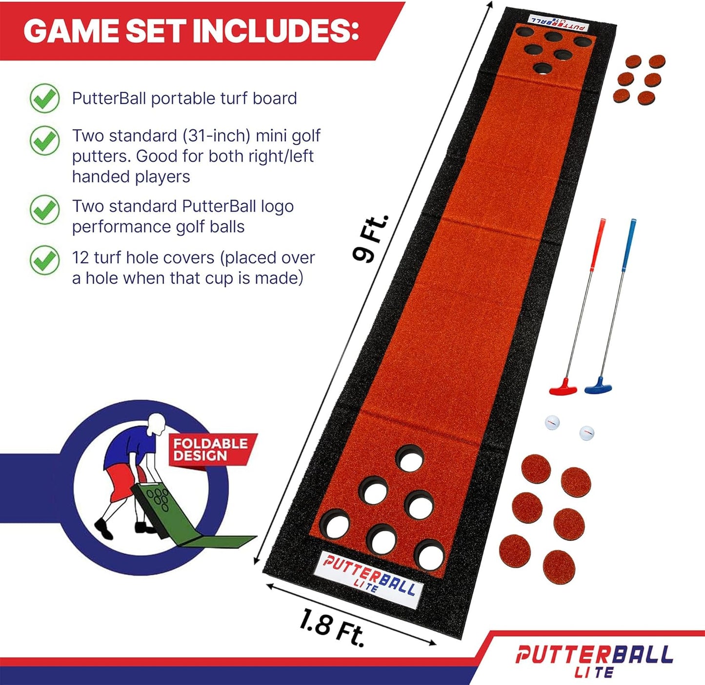 PutterBall Lite Original Golf Putting Game Set – Backyard 9 ft Putting Green Pong Style Golf Mat with 2 Putters, 2 Balls & Hole Covers