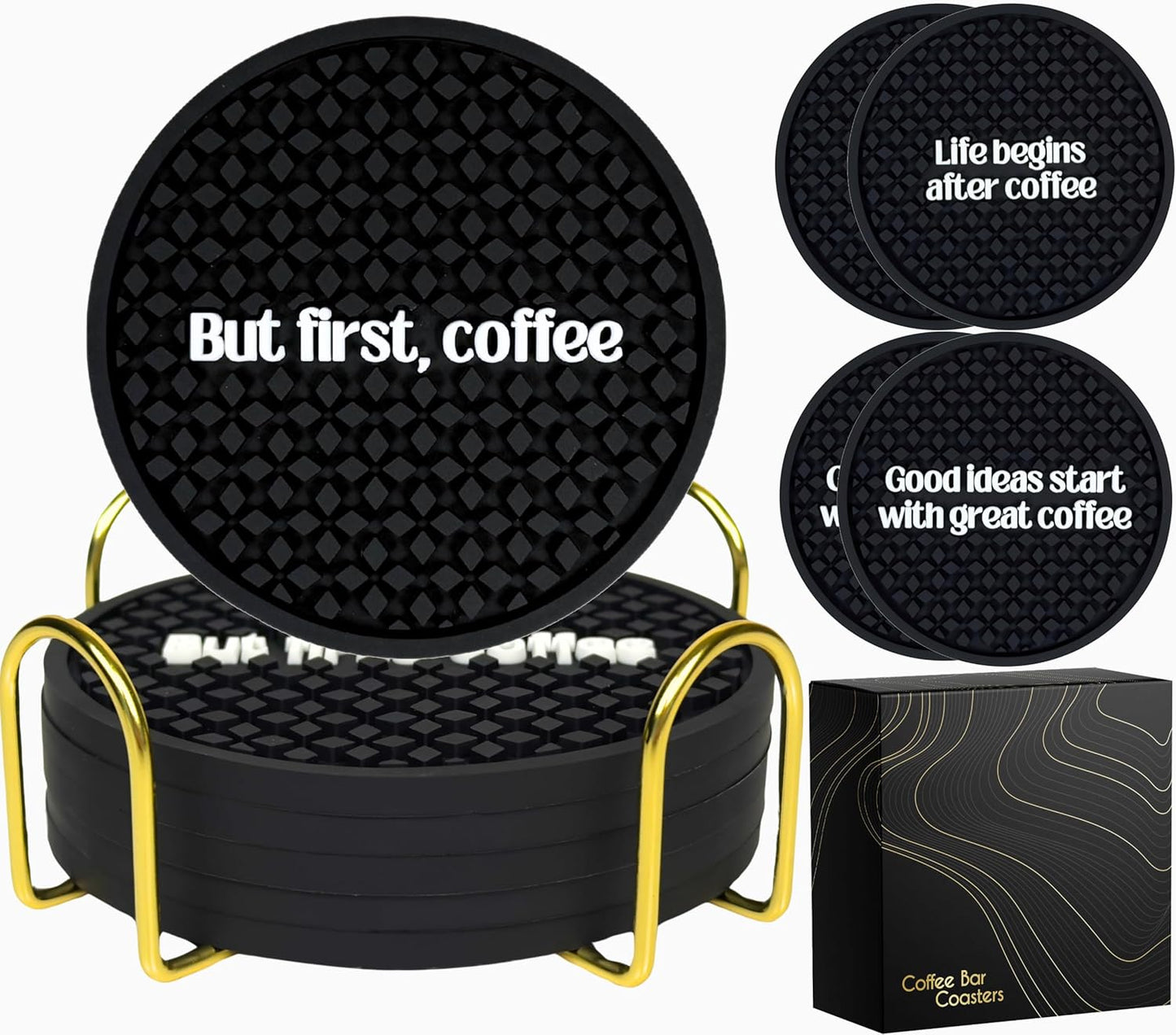 Coffee Coasters Set of 6 for Bar Decor and Bar Accessories, But First Coffee Decor Funny Silicone Coasters with Gold Holder, Coaster 6 Pack, Tiki Bar Drink Coaster for Outdoor Decorations