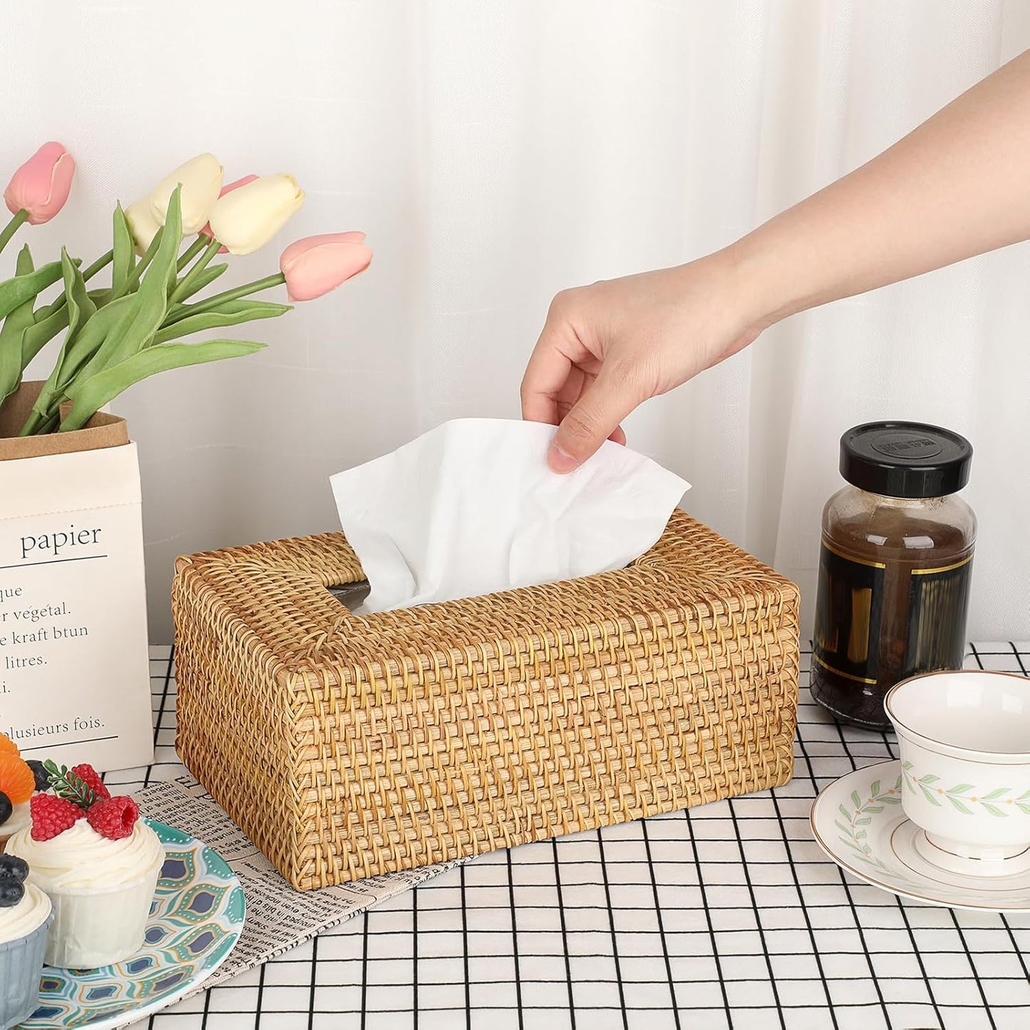 Sumnacon Tissue Box Cover Rectangle Tissue Box Rattan Tissue Box Holder,Wicker Decorative Tissue Holder for Bathroom Toilet Living Room Kitchen Office Table Desk, Yellow