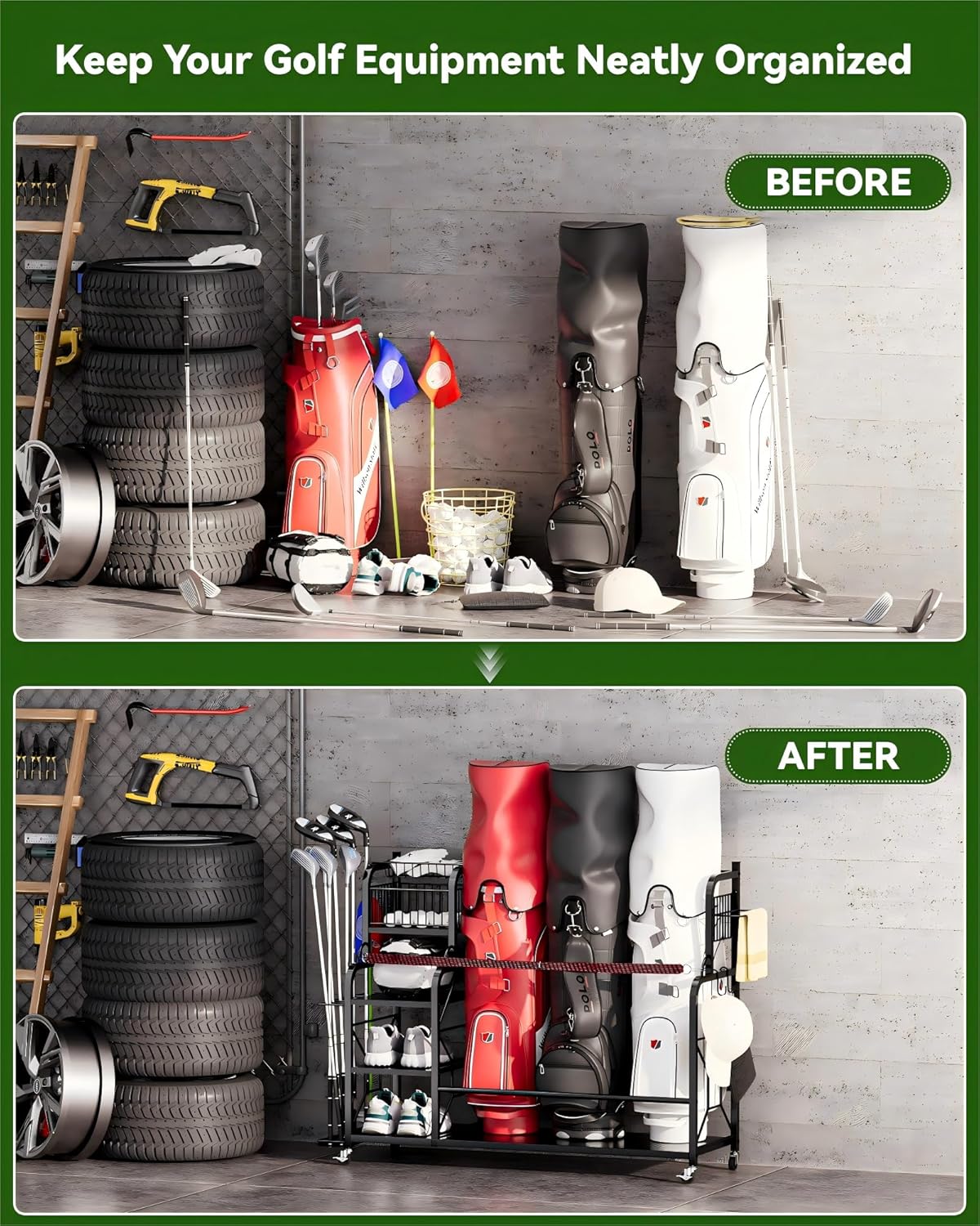 Golf Bag Organizer for 3 Golf Bags, Golf Bag Storage Rack For Garage, Golf Accessories For Men, Extra Large Size Golf Bag Storage Stand Golf Club Holder and Golf Gear Rack, Golf Gifts for Men