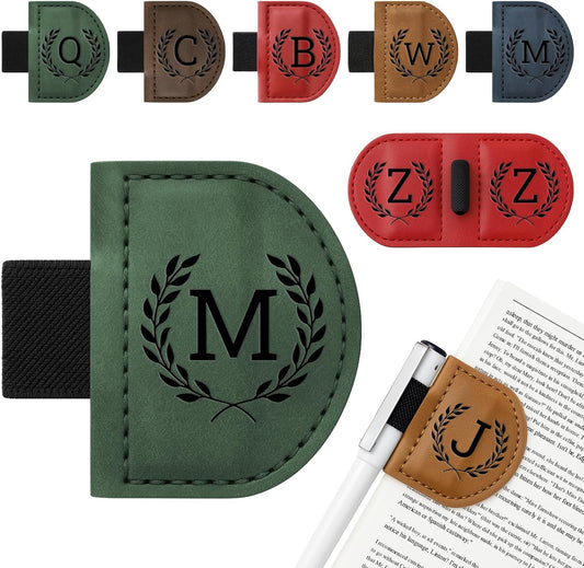 Personalized Bygone Mark Bookmark with Pen Holder,Engraving Leather Magnetic Bookmarks Vintage 26 Letters Name Initials Text Book Marker Clips Gifts for Reading Book Lovers Women (Green, M)