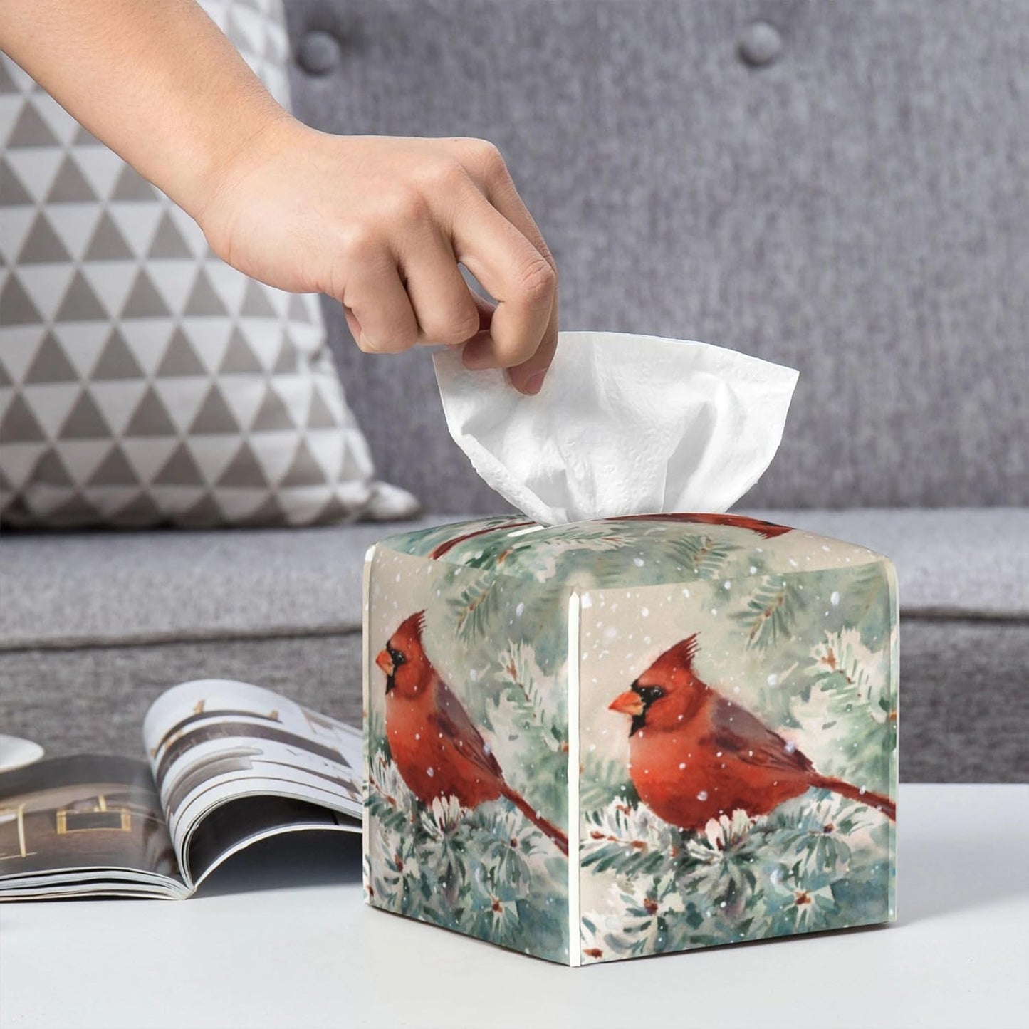 Tissue Box Cover, Winter Christmas Cardinal Bird Pu Leather Square Tissue Box Cover Case Organizer Cube Box Holder for Bathroom Vanity Countertop, Night Stands, Office Desk & Car 5.2X5.2X5.2''