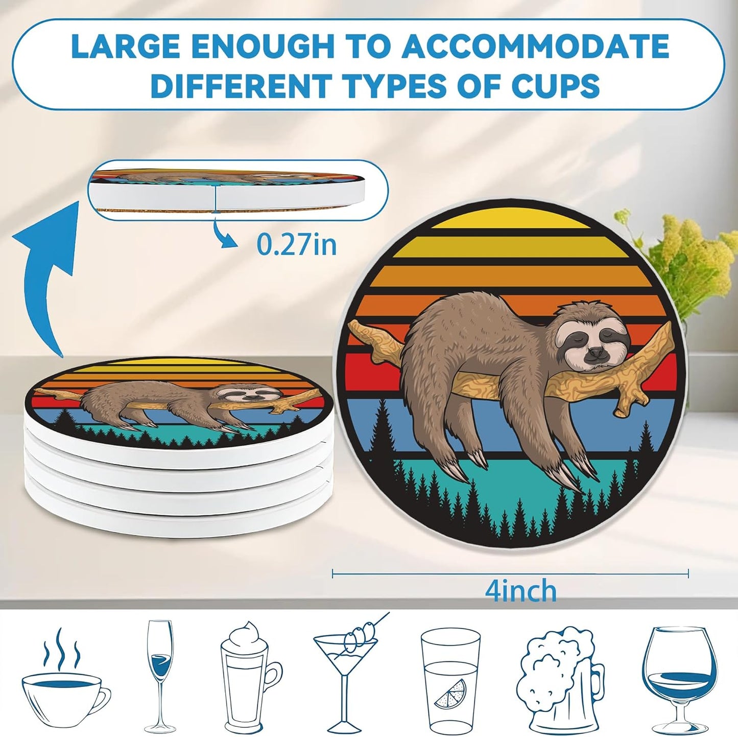 Drinks Coasters Set of 4, Sleeping Sloth Round 4" Cup Coasters, Absorbent Ceramic Stone Coasters with Cork Base, Cute Coasters for Table Home Décor, Ideal Gifts for Women Men