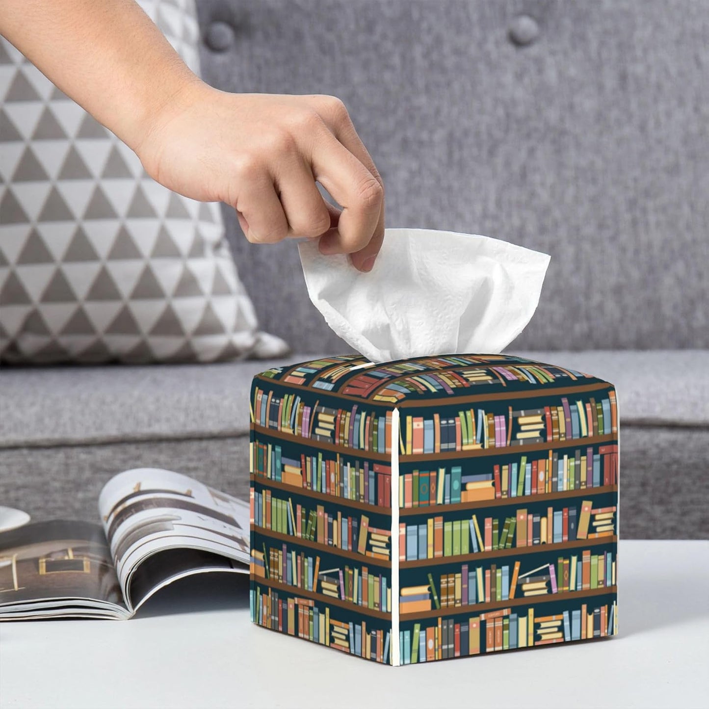 Tissue Box Holder Bookshelves Full of Books Tissue Box Cover Square Leather Tissue Holder Organizer Portable Decorative Facial Paper Case for Home Office Bathroom Vanity Countertop