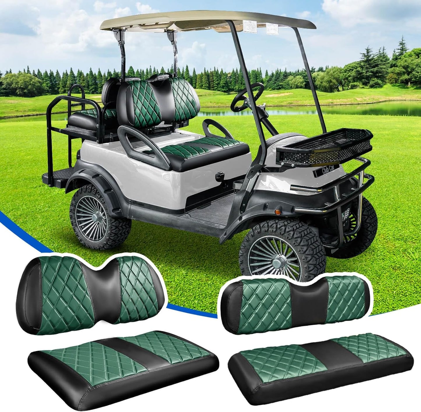 NOKINS 4PCS Golf Cart Seat Covers Kit, Front and Rear Seat Covers Fits Club Car Precedent Standard Seat Cushion, Club Car Vinyl Seat Covers Accessories, No Staples (Dark Green&Black)