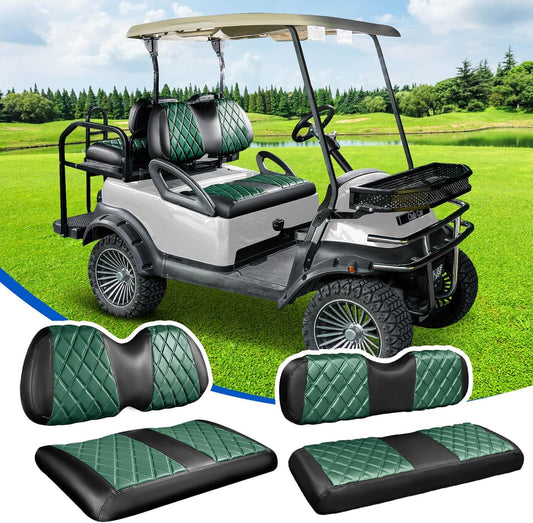 NOKINS 4PCS Golf Cart Seat Covers Kit, Front and Rear Seat Covers Fits Club Car Precedent Standard Seat Cushion, Club Car Vinyl Seat Covers Accessories, No Staples (Dark Green&Black)