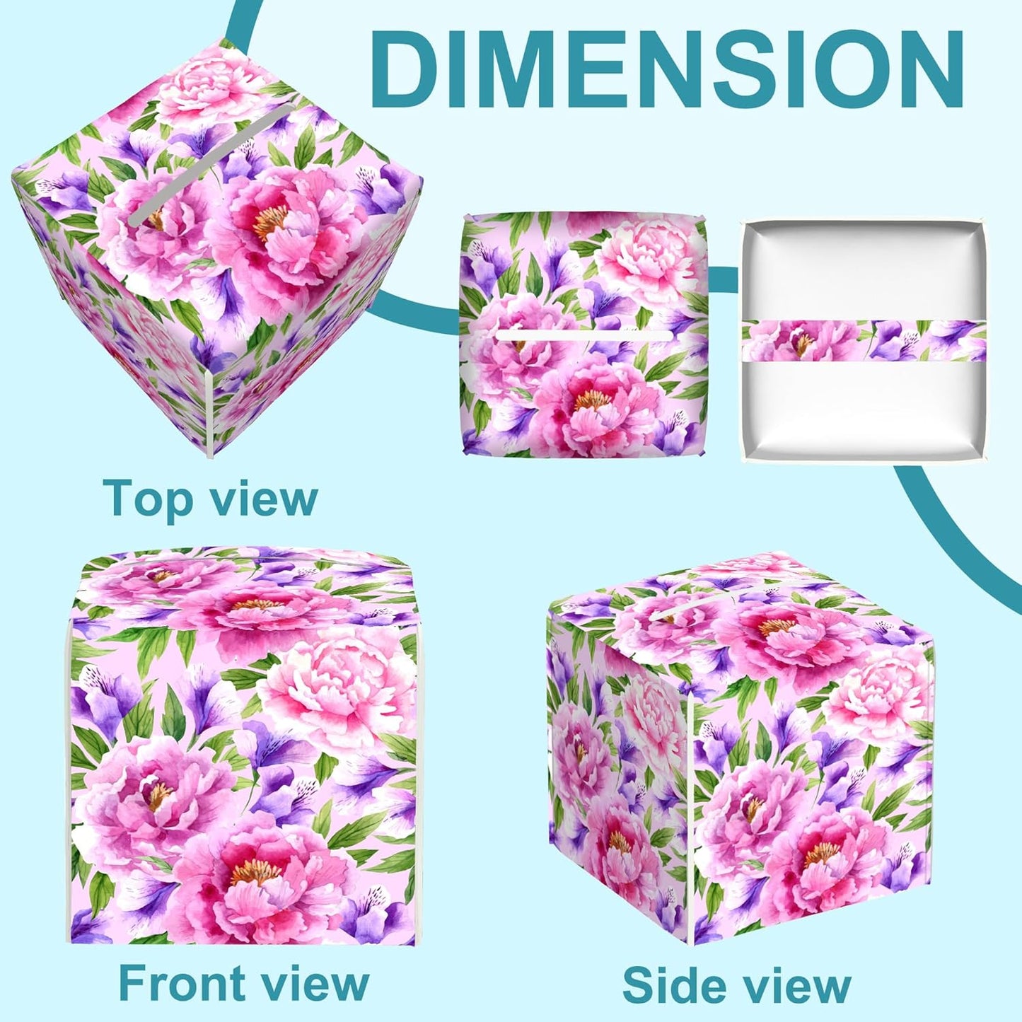 Watercolor Peonies Floral Leather Tissue Holder,Square Tissue Box Cover with Bottom Belt,Modern Decorative Facial Tissue Paper Cover for Car Bedroom Vanity Desk Office Table Top,5.2" x 5.2" x 5.2"