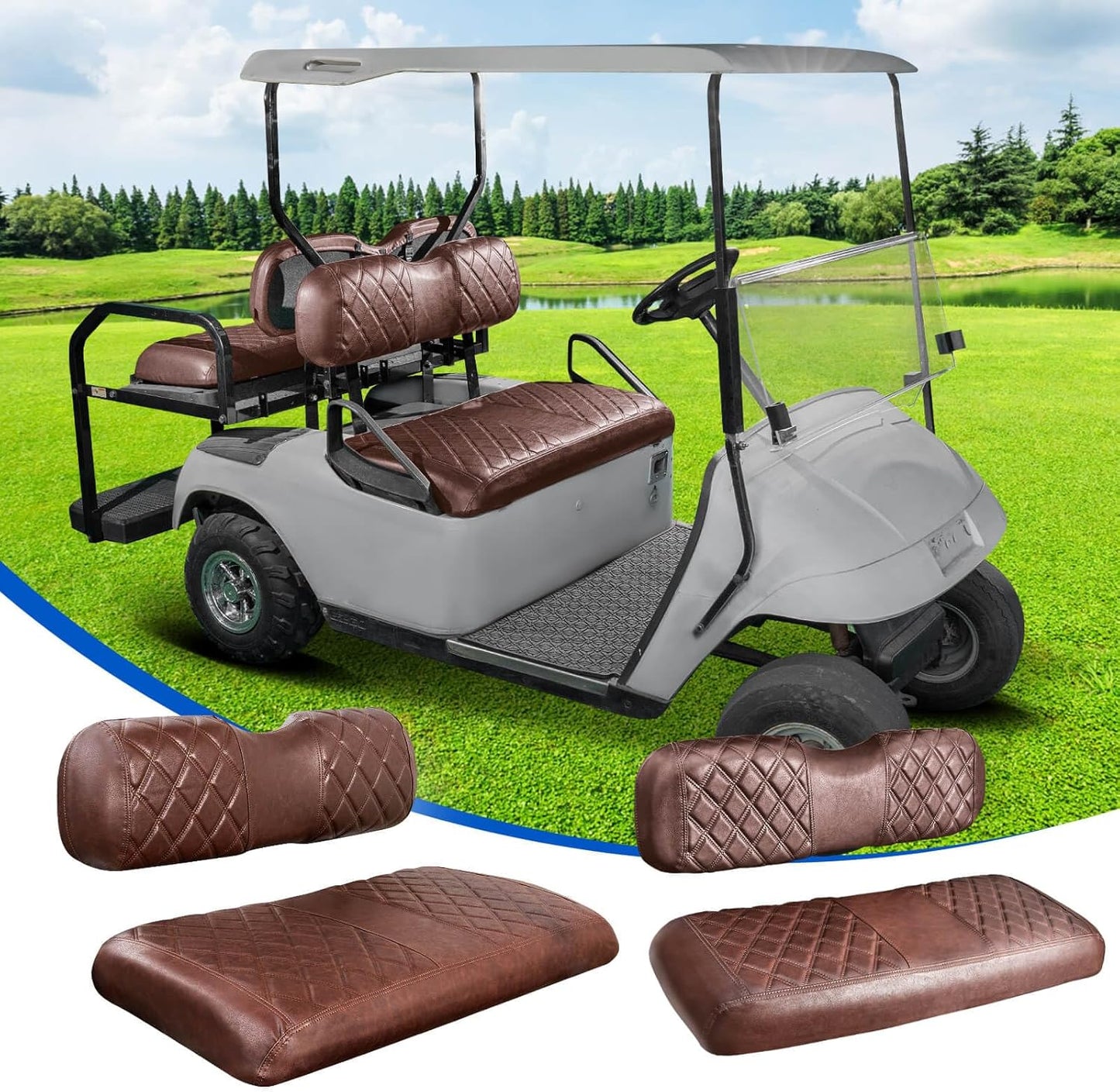 NOKINS 4PCS Golf Cart Diamond Seat Covers Kit, Front&Rear Seat Covers Fits EZGO TXT 1994-2013/EZGO RXV Standard Seat Cushion, EZGO Vinyl Seat Cover Accessories, No Staples(Brown Brown 8438)