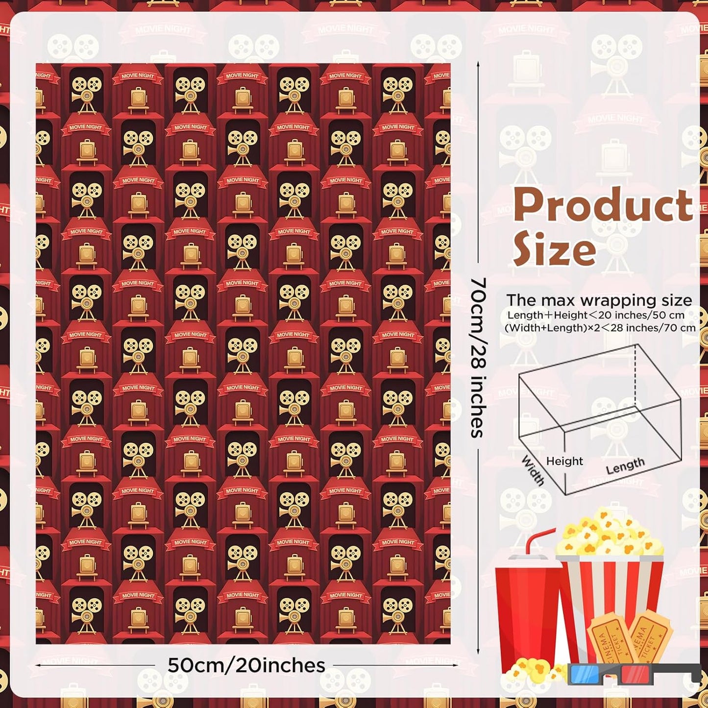 Movie Night Wrapping Paper Cinema Red Carpet Designs Gift Wrap for Party,Film Lovers,Movie Buffs,Theaters,20"×28"