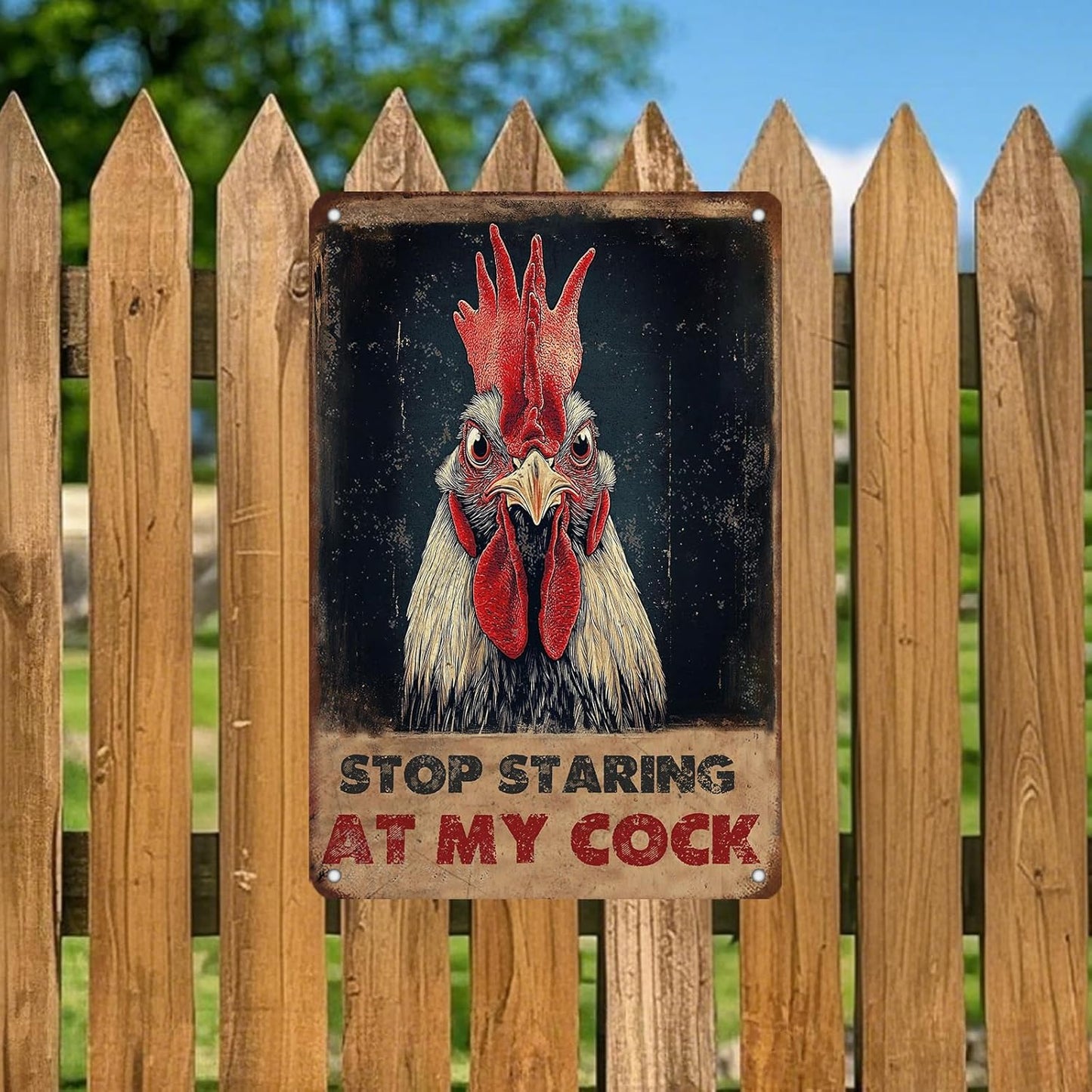 Vintage Farm Sign Chicken Stop Staring At My Cock Farmhouse Metal Tin Sign 12x8 Inch Home Wall Decor