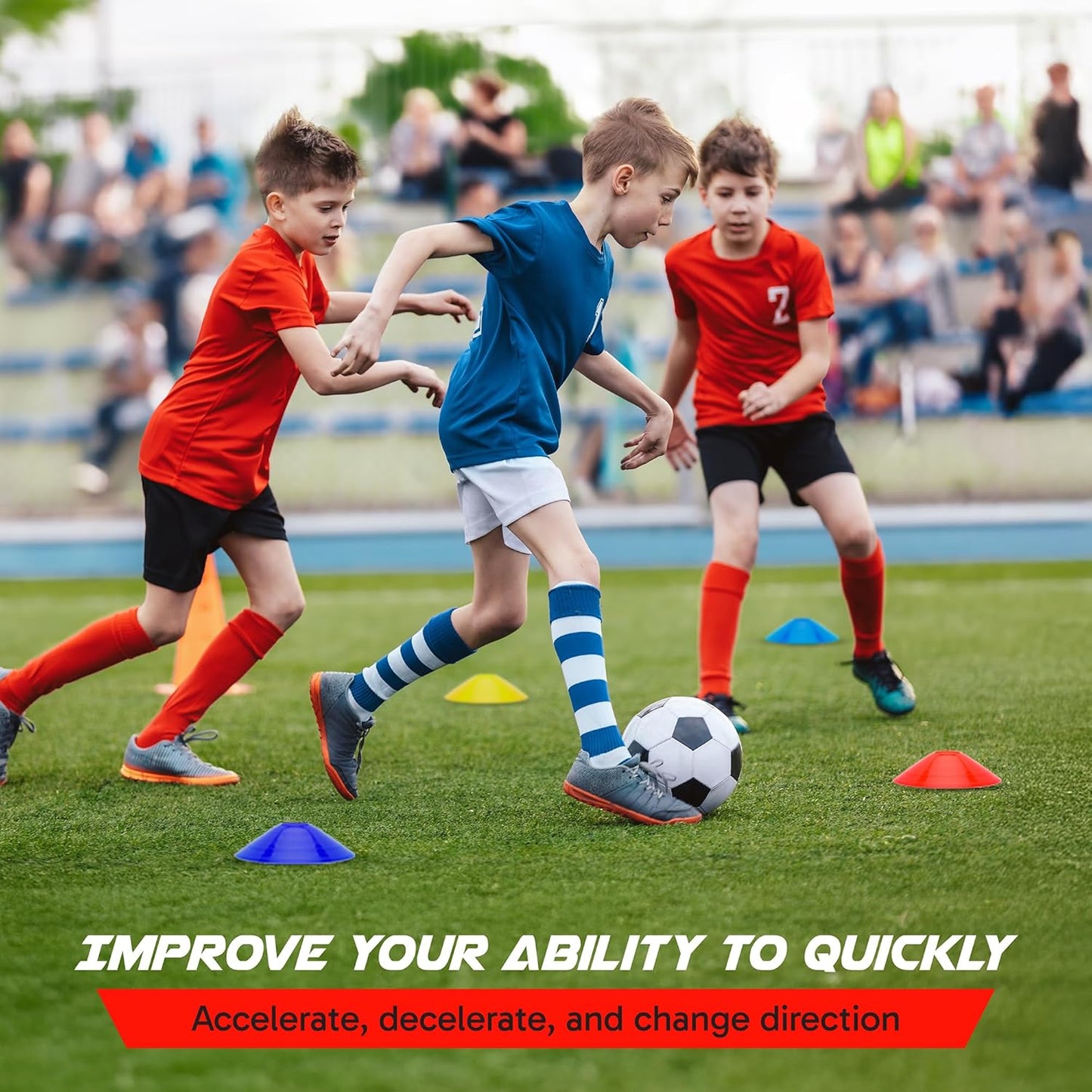 Pro Disc Cones (Set of 50) - Agility Soccer Cones with Carry Bag and Holder for Sports Training, Football, Basketball, Coaching, Practice Equipment, Kids - Includes 15 Best Cone Drills Book