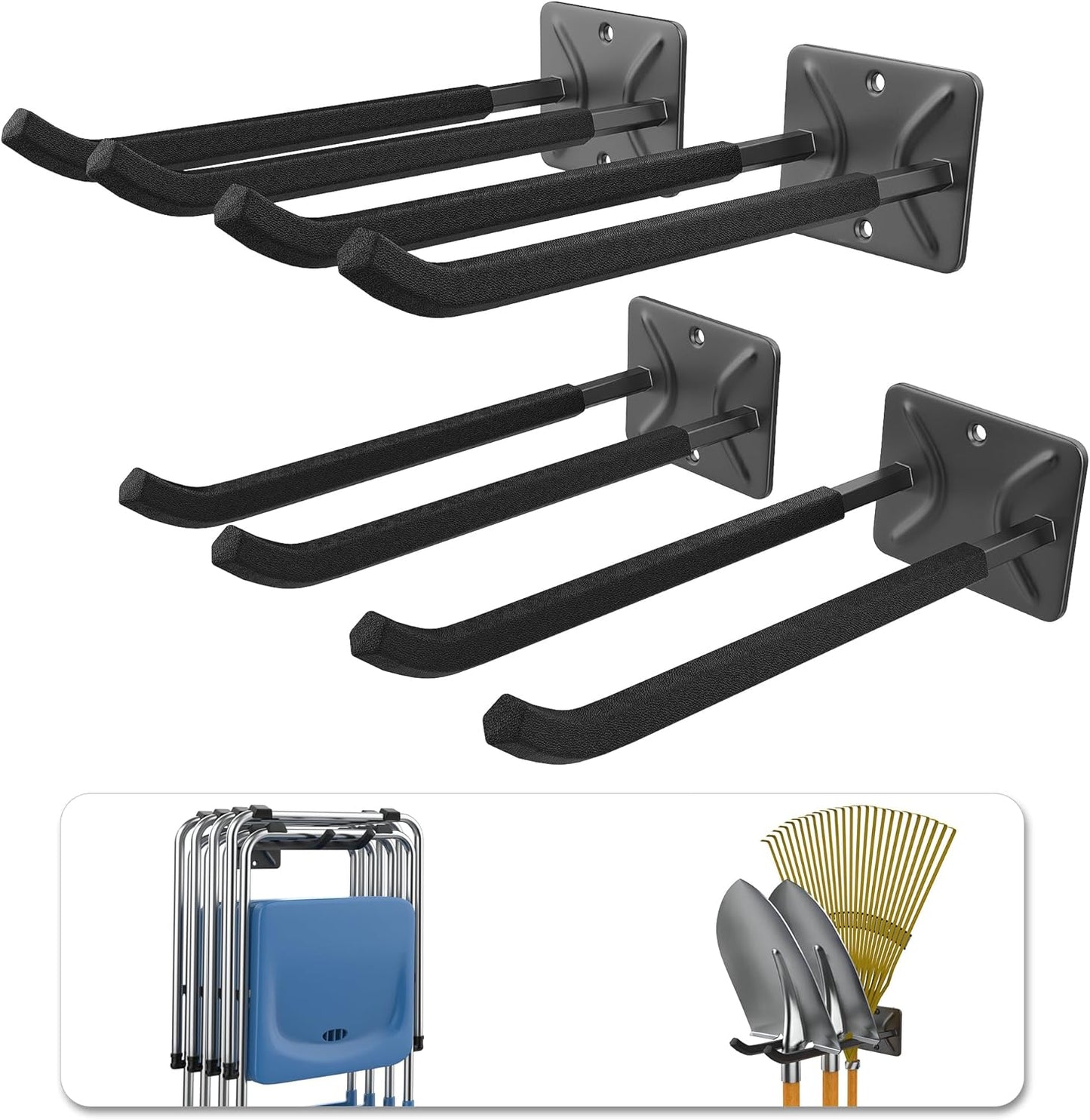 WALMANN Wall Mounted Garage Hooks, Heavy Duty 12-inch Tool Hooks for Hanging, Tool Hangers for Car Tires, Ladders, Folding Chairs, Strollers, Garden Tools (Pack of 4)