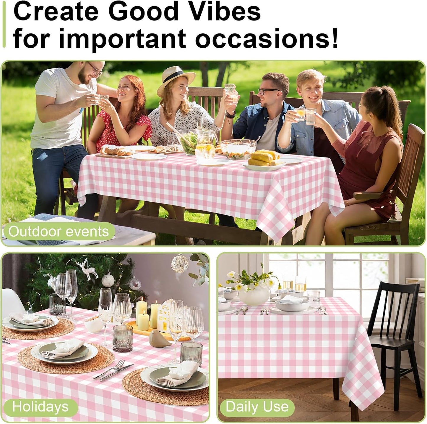 QIKSION Pink Gingham Tablecloth Disposable 12 Pack, 54 x 108 Inch Pink and White Checkered Table Cloth for Rectangle Tables, Plastic Table Cover