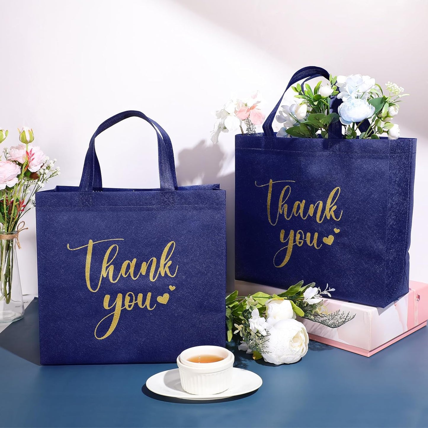 Sweetude 30 Pcs Thank You Gift Bags with Handles Bulk Reusable Goodie Bag Non Woven Foldable Handbag for Graduation Wedding Bridesmaid Gifts(11 x 12 x 5 Inch, Navy Blue)