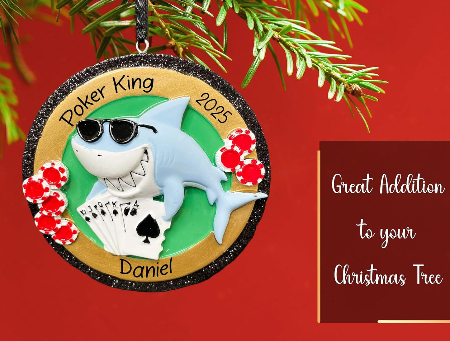 Personalized Poker Shark Christmas Ornament 2025 | Jaws Card Game Royal Flush Xmas Tree Decoration | Unique Las Vegas Casino Texas Hold Em Gambling Keepsake Gift - Custom Name & Year