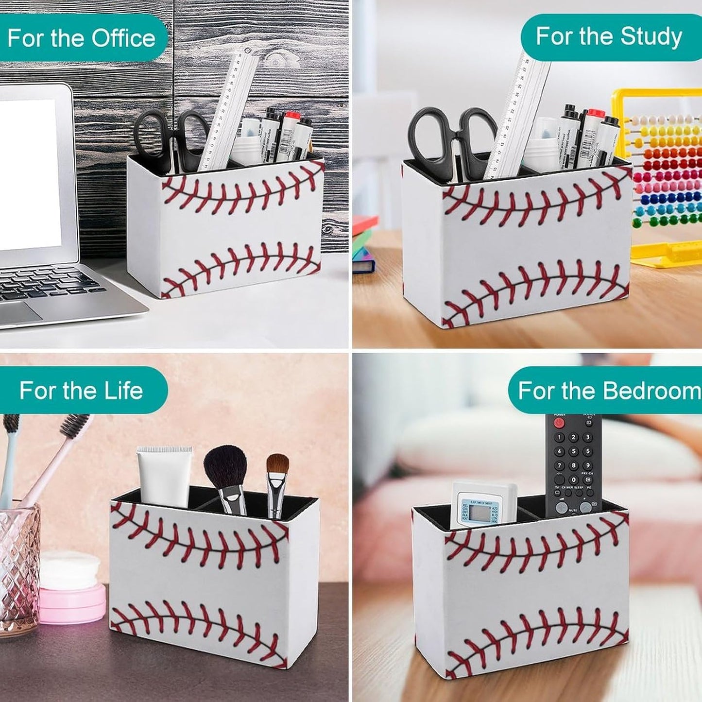 Pen Holder, Pencil Holder for Desk Organizer, Ball Baseball Stitches Sport PU Leather Pencil Cups Desktop Stationery Storage Makeup Brush Holder Pen Organizer for Office Home