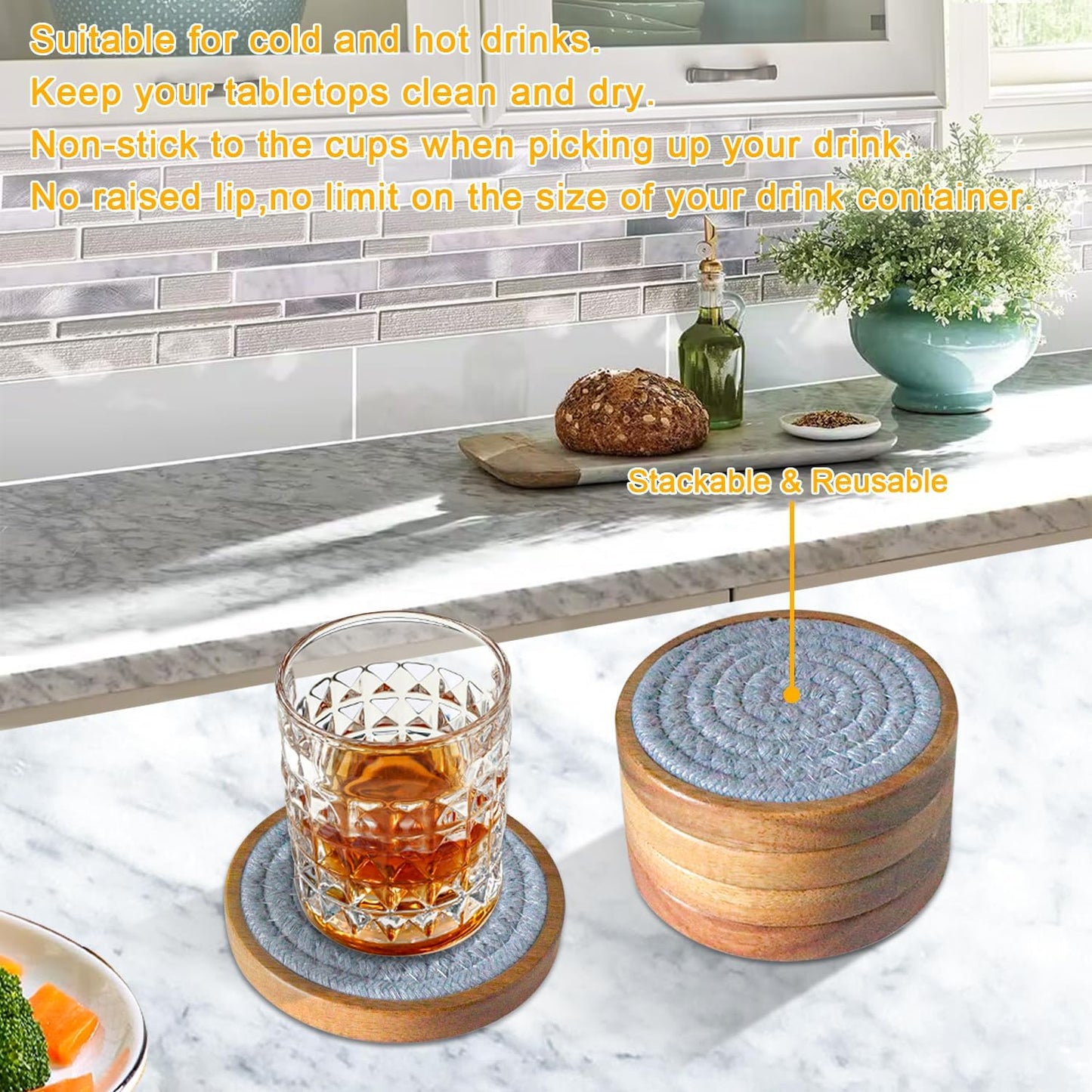 Drink Coasters Set of 5, Coasters for Drinks Absorbent, Wood Coasters for Coffee Table, Housewarming Gift for Farmhouse Home Decor,4 inches (Brown & Gray)