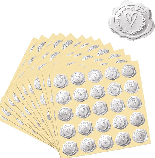 300pcs Silver Embossed Wax Seal Looking Heart Envelope Seals for Wedding Invitations/Greeting Cards/Party Favors, Self-Adhesive