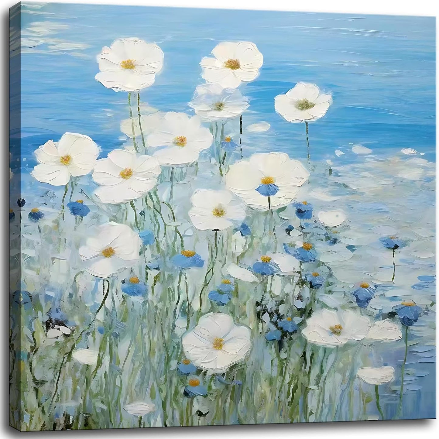 dgbtcart Bathroom Wall Art White Daisy Flower Picture Decor, Textured Blue Floral Painting Modern Artwork Canvas Print for Bedroom Office Home Decoration - 14"x14"