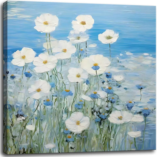 dgbtcart Bathroom Wall Art White Daisy Flower Picture Decor, Textured Blue Floral Painting Modern Artwork Canvas Print for Bedroom Office Home Decoration - 14"x14"
