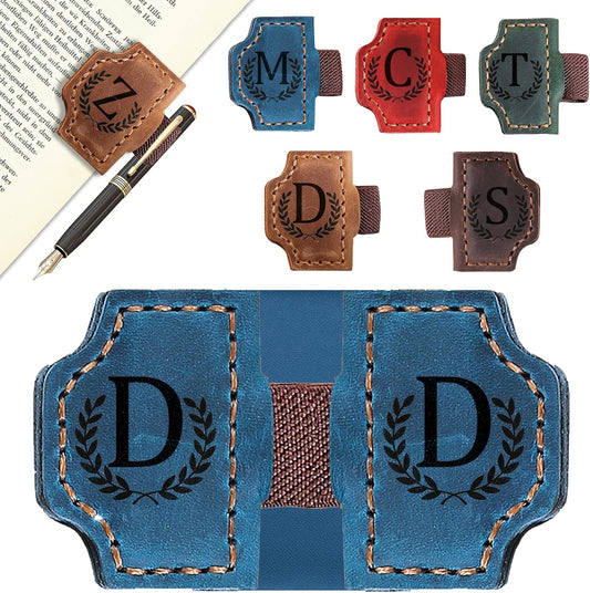 Bygone Mark Bookmark with Pen Holder, 26 Letters Name Initial Personalized Magnetic Bookmarks, Leather Book Mark for Men Women, Travelers Accessories, Teachers Readers Book Lovers Gifts (Blue, D)