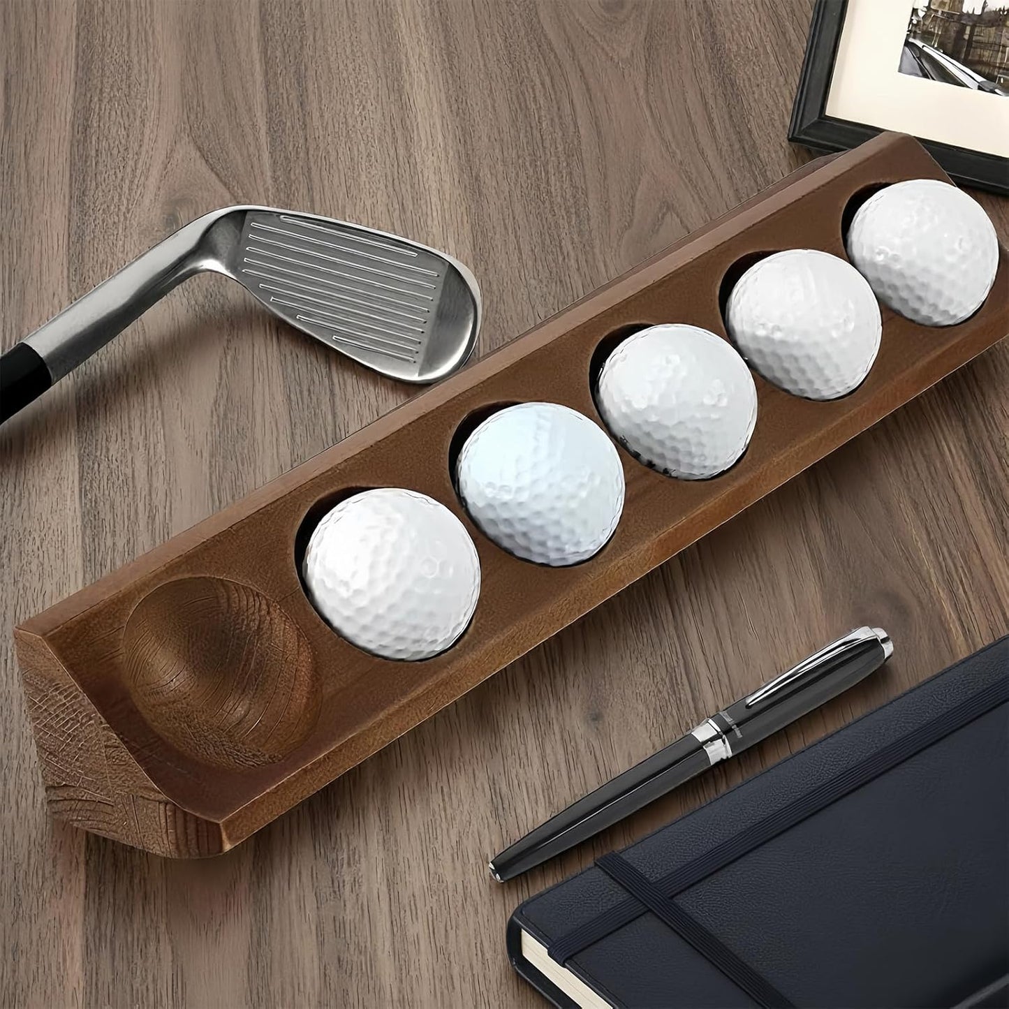 Wooden Golf Ball Display Case 1 Pack, Golf Ball Holder Display with Wall Mount & Tabletop Stand - Displays 6 Standard Size Golf Balls, Golf Accessories Gift for Men (Walnut Color)