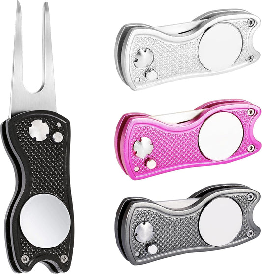 Mile High Life Golf Divot Repair Tool, All Metal Foldable Divot Tool with Pop-up Button & Magnetic Ball Marker, 2-6 Pack