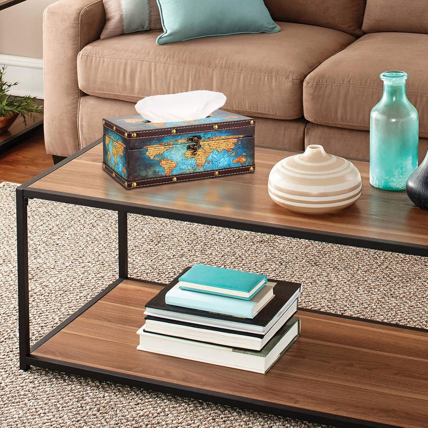 Sumnacon Tissue Box Cover Rectangle Wooden Tissue Box with Lid, Vintage Tissue Box Holder with Retro Pattern, Rustic Tissue Cover for Bathroom Toilet Living Room Table Desk Office Decor,Green Map