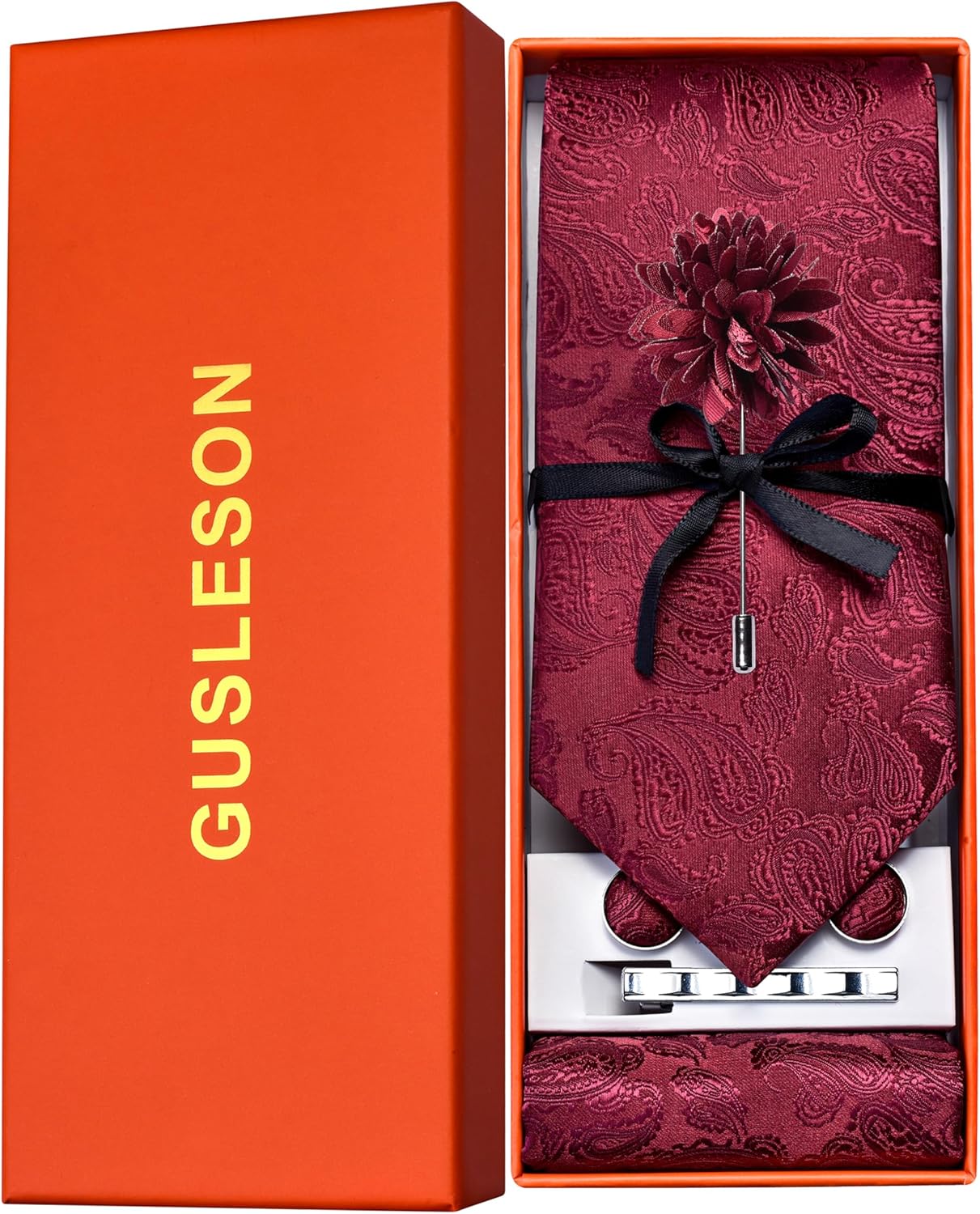GUSLESON Tie Set for Men Necktie and Pocket Square,Tie Clip,Cufflinks, Lapel Pin Sets with Gift Box 5PCS