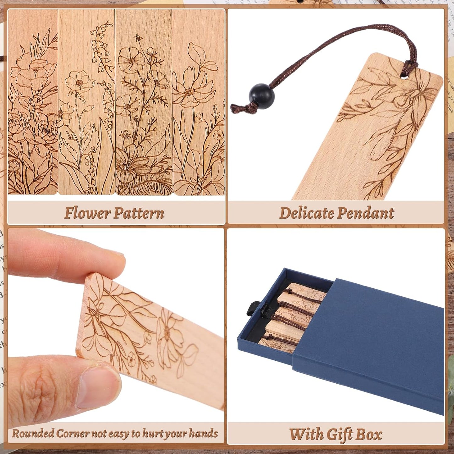 4Pcs Wood Bookmark for Women,Flower Wooden Carving Book Mark Funny Bookmark Gift for Book Lovers
