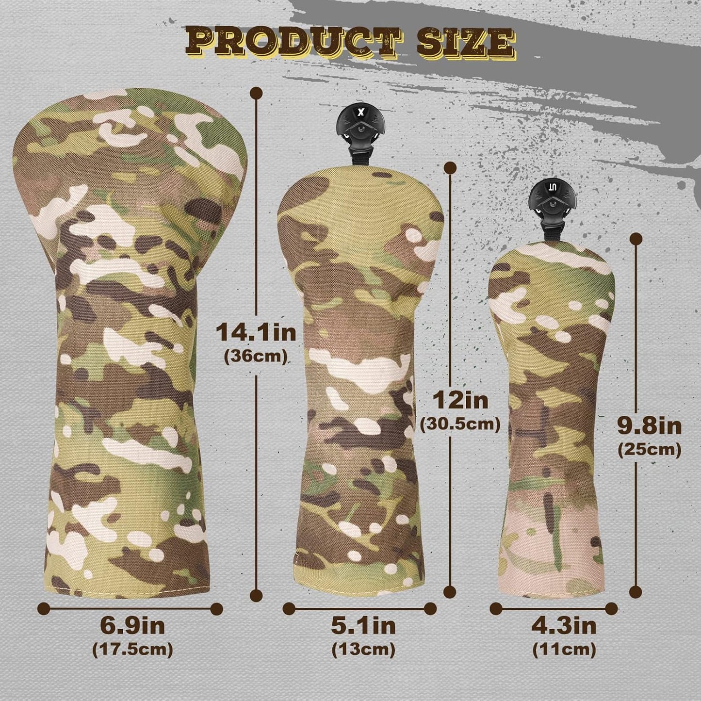 3 Pack Camouflage Golf Club Head Covers for Driver, Fairway Woods and Hybrid with Rotatable Number Tag