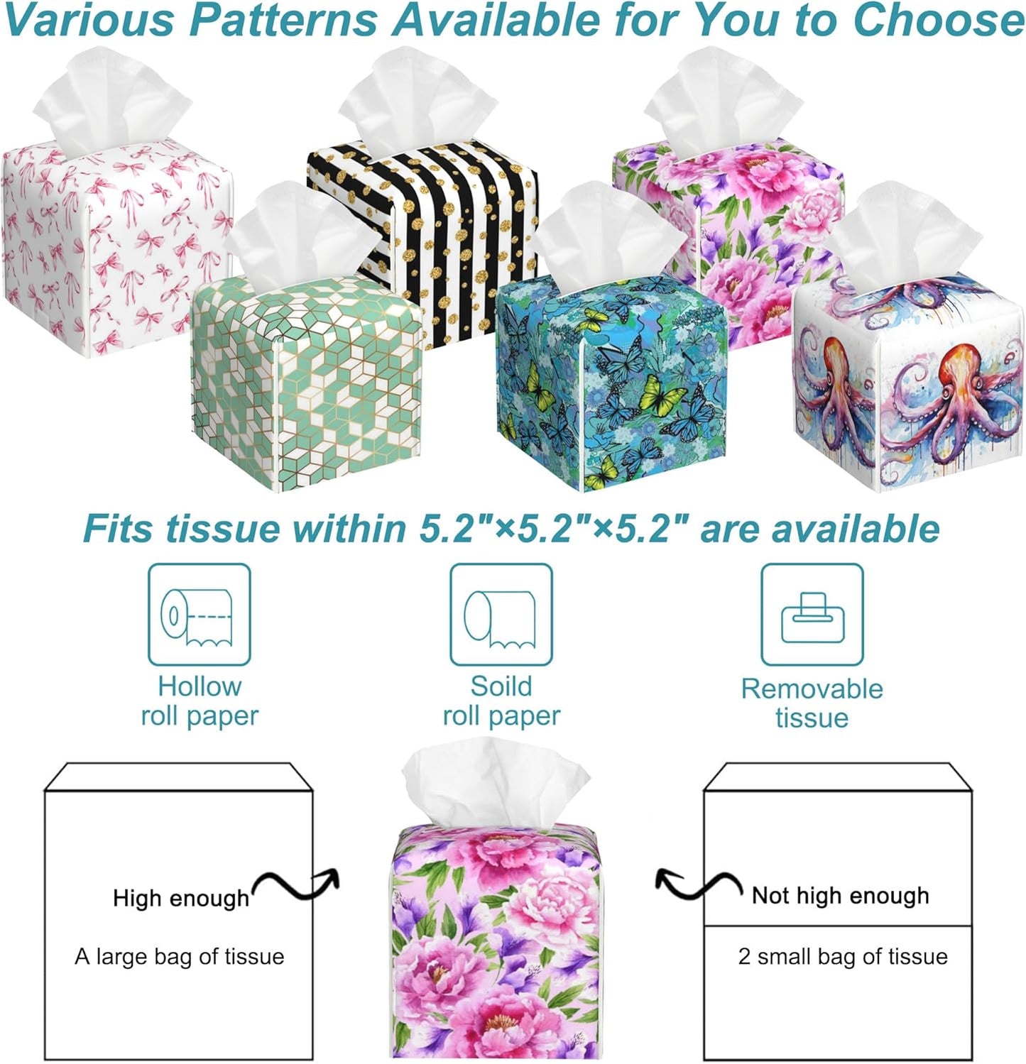 Watercolor Peonies Floral Leather Tissue Holder,Square Tissue Box Cover with Bottom Belt,Modern Decorative Facial Tissue Paper Cover for Car Bedroom Vanity Desk Office Table Top,5.2" x 5.2" x 5.2"