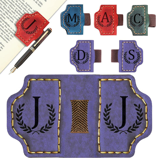 Bygone Mark Bookmark with Pen Holder, 26 Letters Name Initial Personalized Magnetic Bookmarks, Leather Book Mark for Men Women, Travelers Accessories, Teachers Readers Book Lovers Gifts (Purple, J)