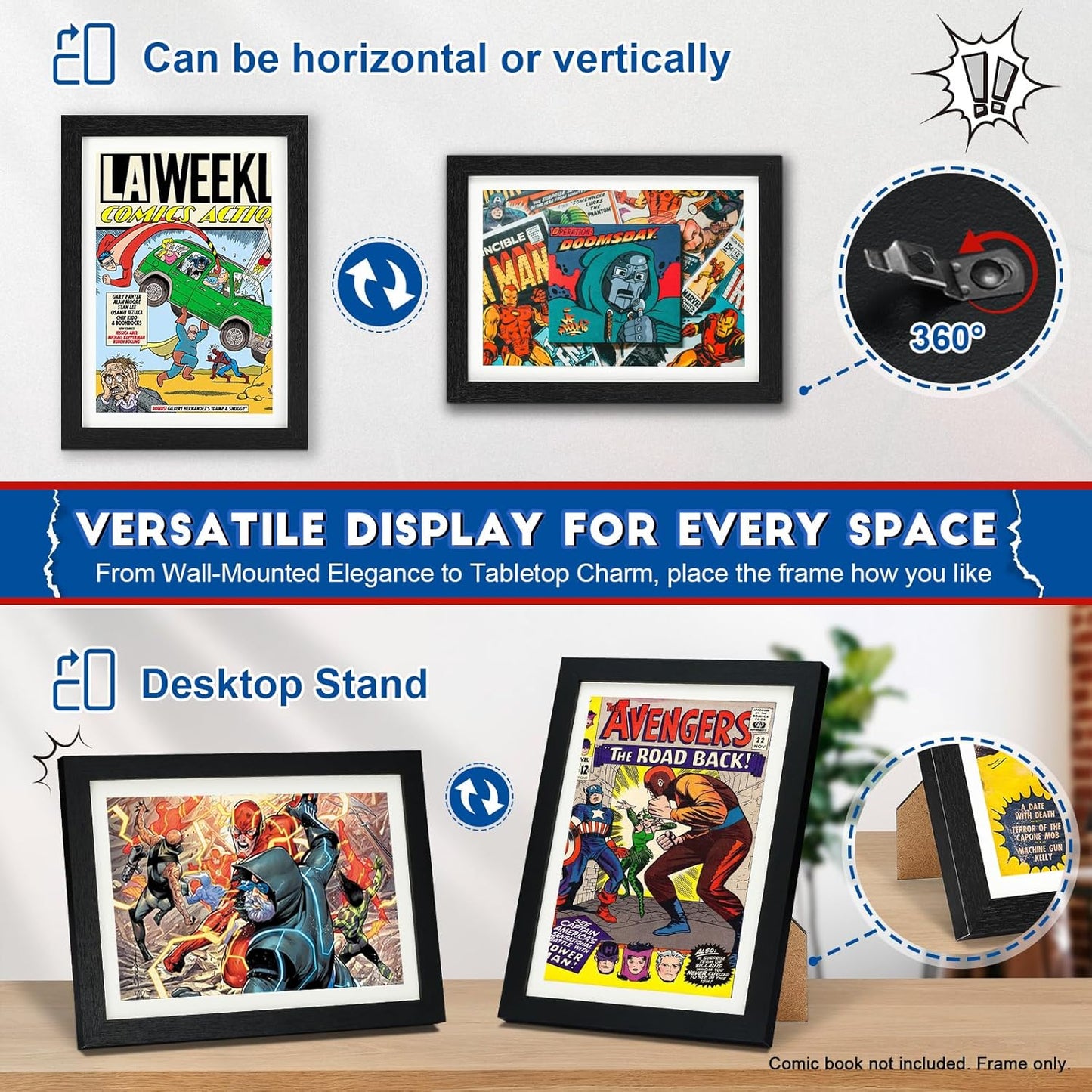 JupDec Comic Book Frame, Premium Wood Display Case for 6 11/16" × 10 3/16" Comic, Wall Mount or Tabletop Stand, Layered Design with Positioning Mat, Perfect for Home Decor, 2 Pack, White