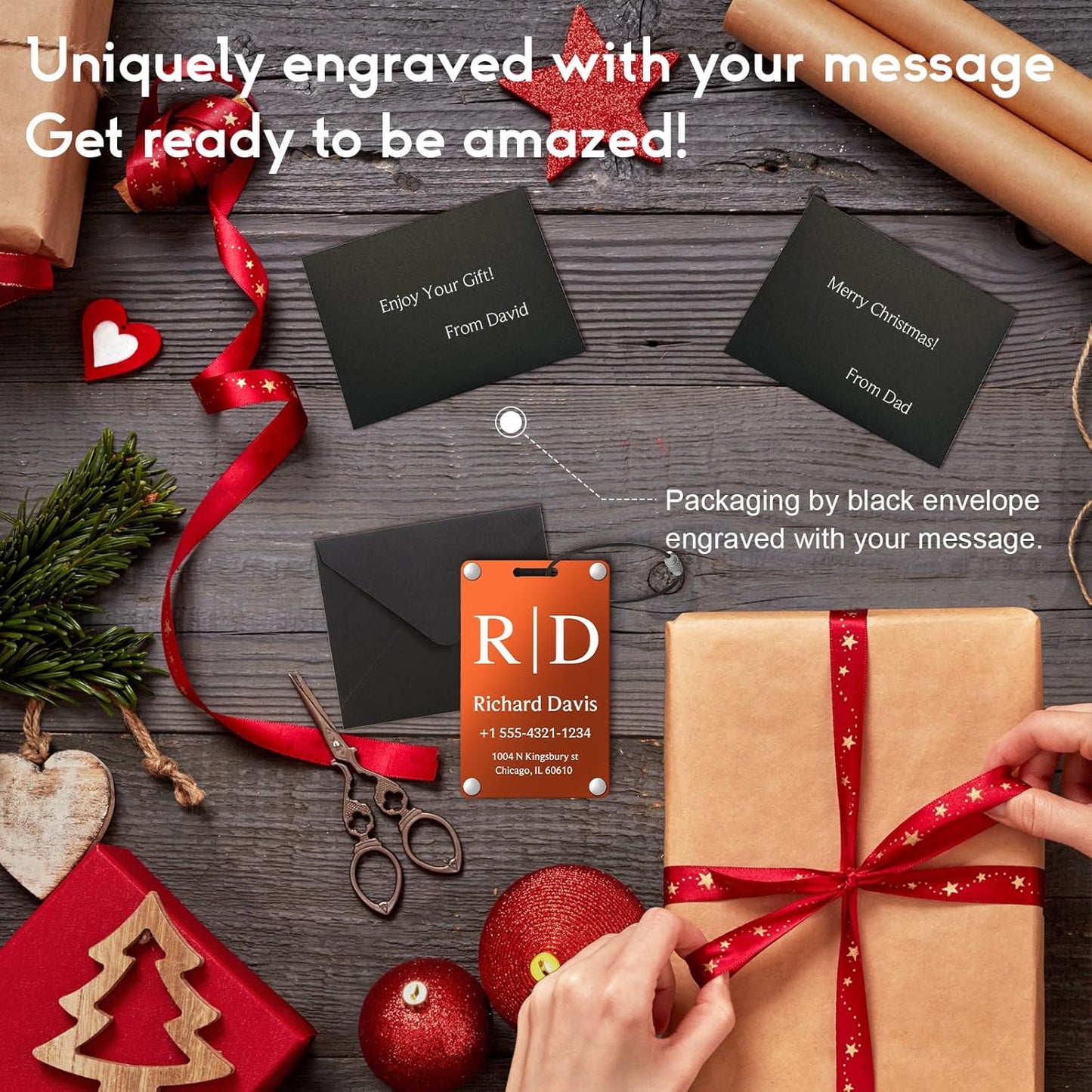 Personalized Luggage Tags for Suitcases - Monogram Style Aluminum Custom Luggage Tags for Backpacks & Bags, Sturdy, Waterproof & Heavy Duty (Orange/Card-Sized)