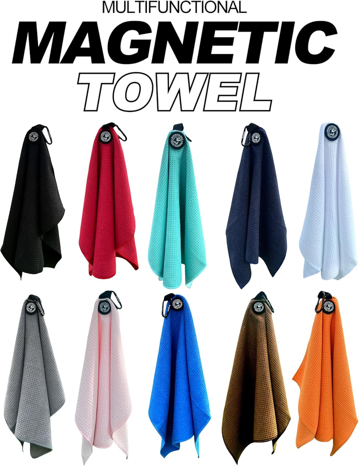 Magnetic Golf Towel with Clip, Microfiber Waffle Design - Industrial Strength Magnet for Strong Hold to Golf Bags, Carts & Clubs - Black