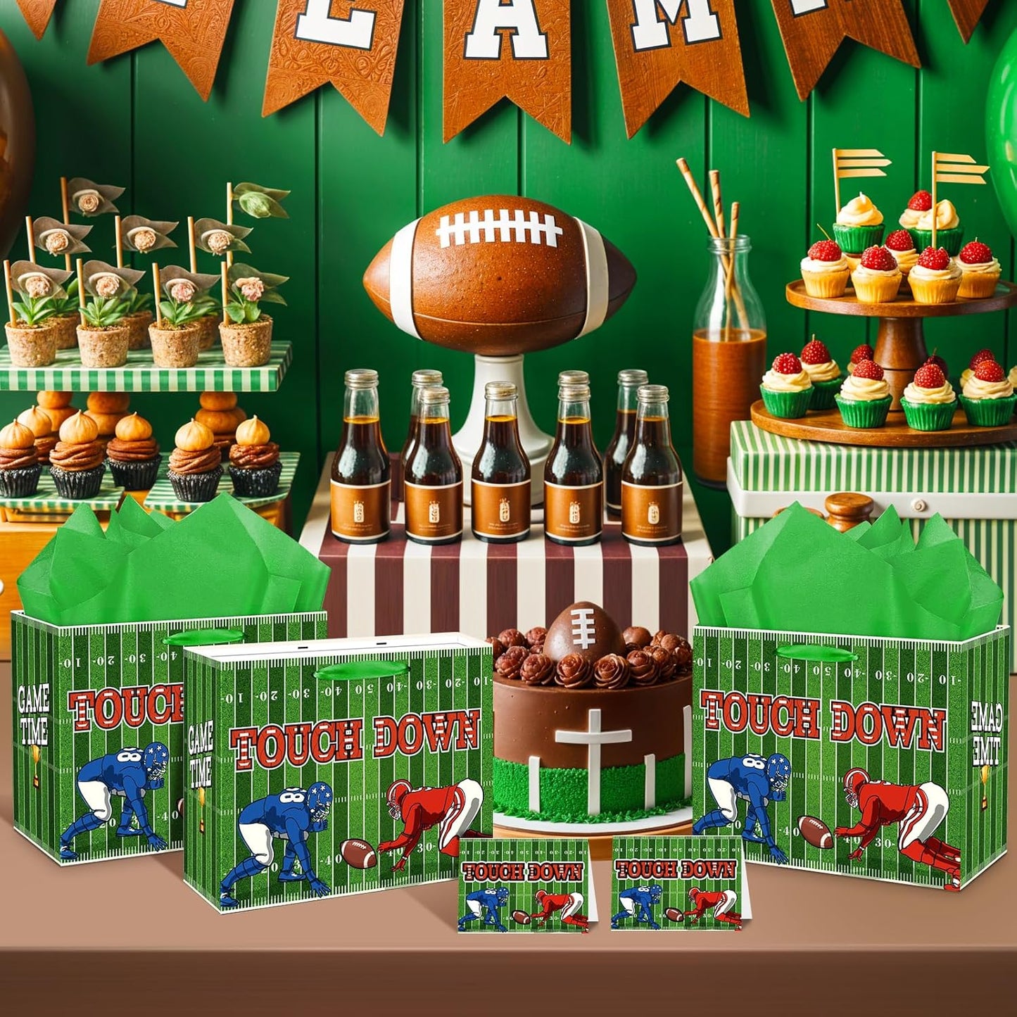 Football Party Gift Bag, Green Football Gift Wrap Bag with Tissue Paper Card Decorations for Sports Party Favor Touchdown Birthday Goodie Gifts Wrapping Bags for Boys Men Team Baby Shower Supplies
